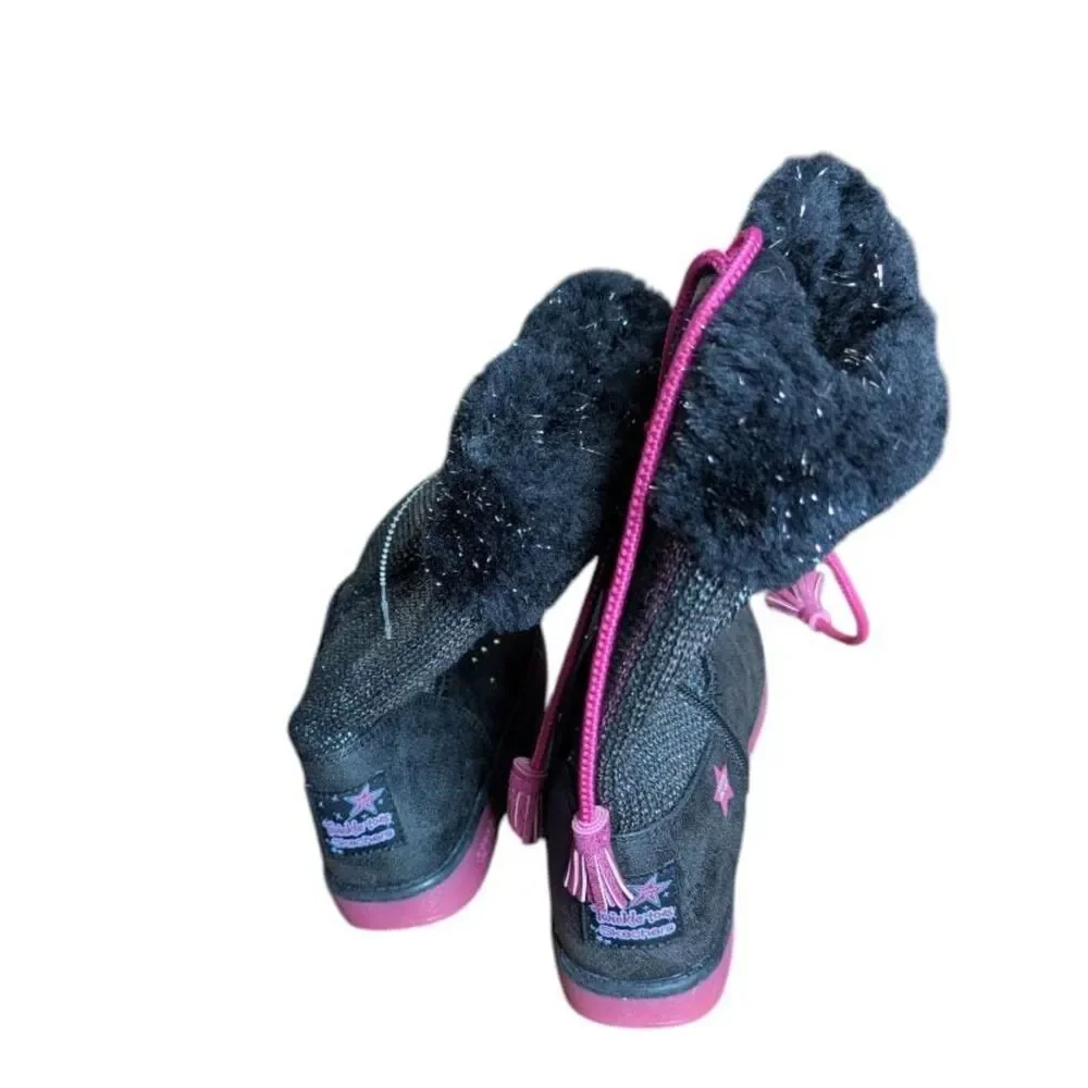 Skechers Girls Black Winter Boots w/ Rhinestones & Faux Fur, Size 4